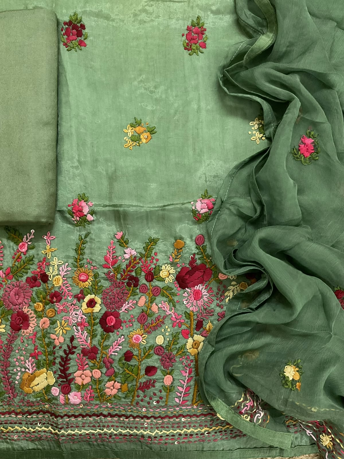 Soft Dola Silk Embroidered Suit - Green