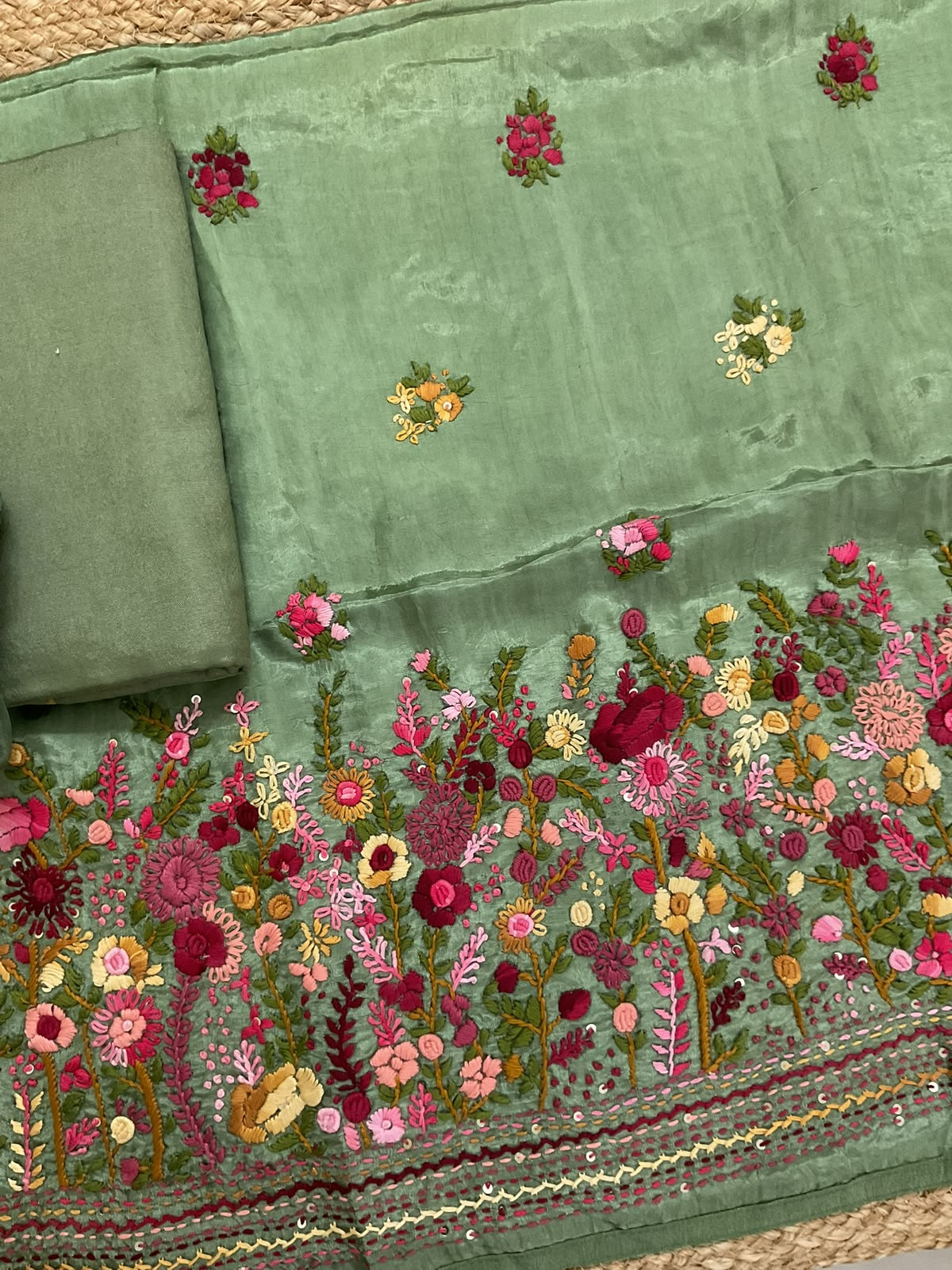 Soft Dola Silk Embroidered Suit - Green