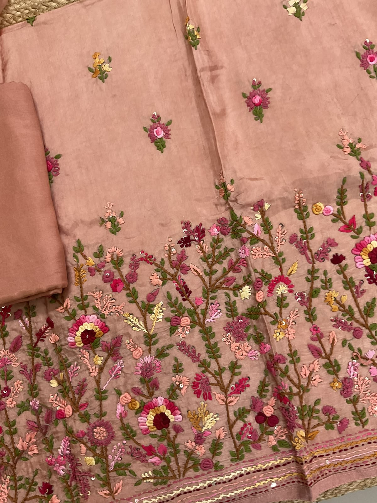 Soft Dola Silk Embroidered Suit - Peach
