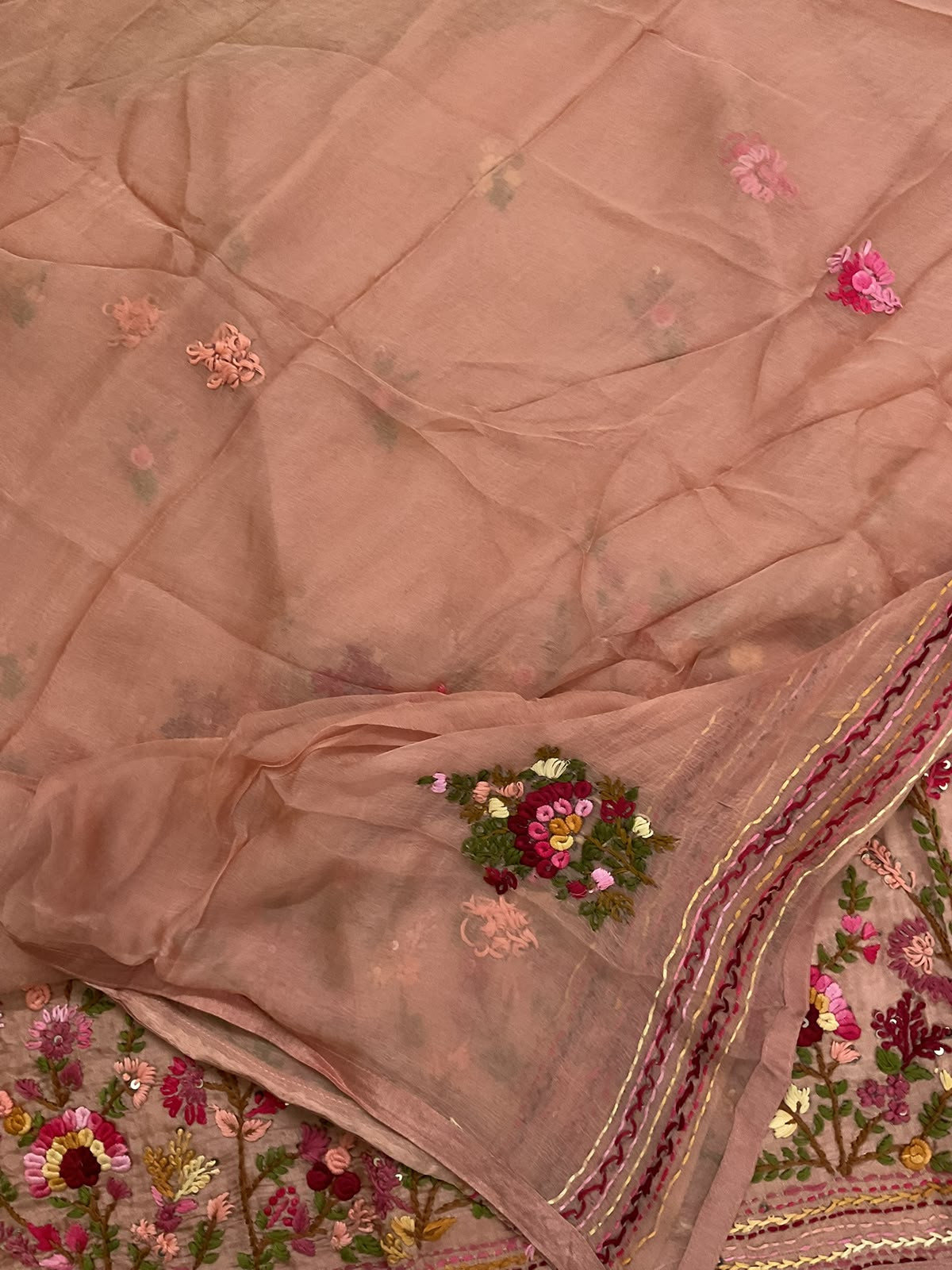 Soft Dola Silk Embroidered Suit - Peach