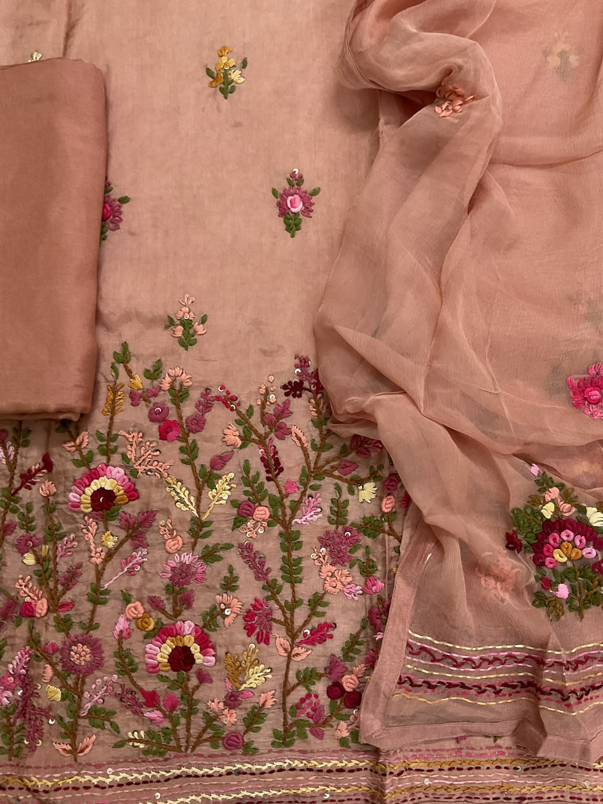 Soft Dola Silk Embroidered Suit - Peach