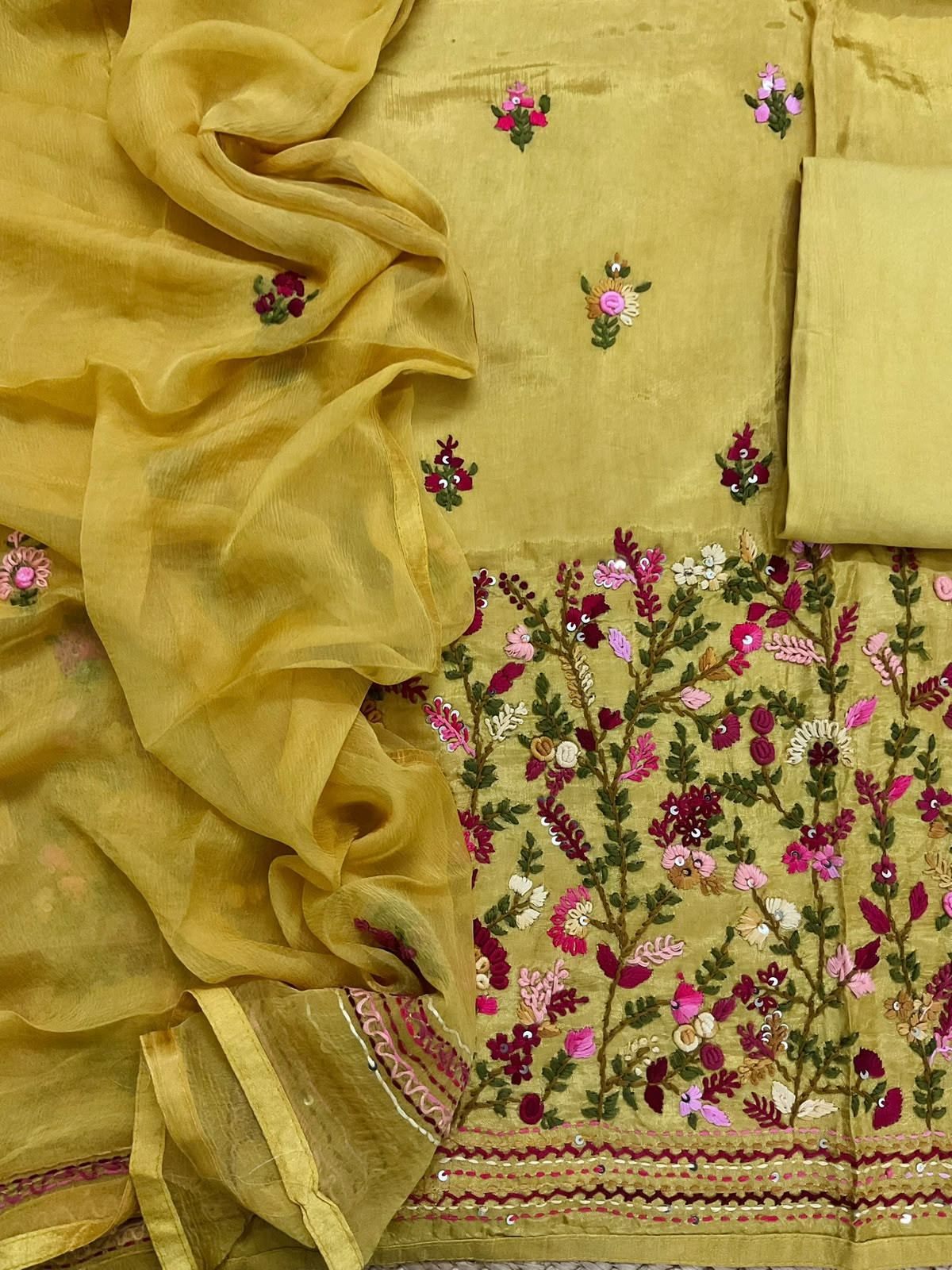 Soft Dola Silk Embroidered Suit - Yellow