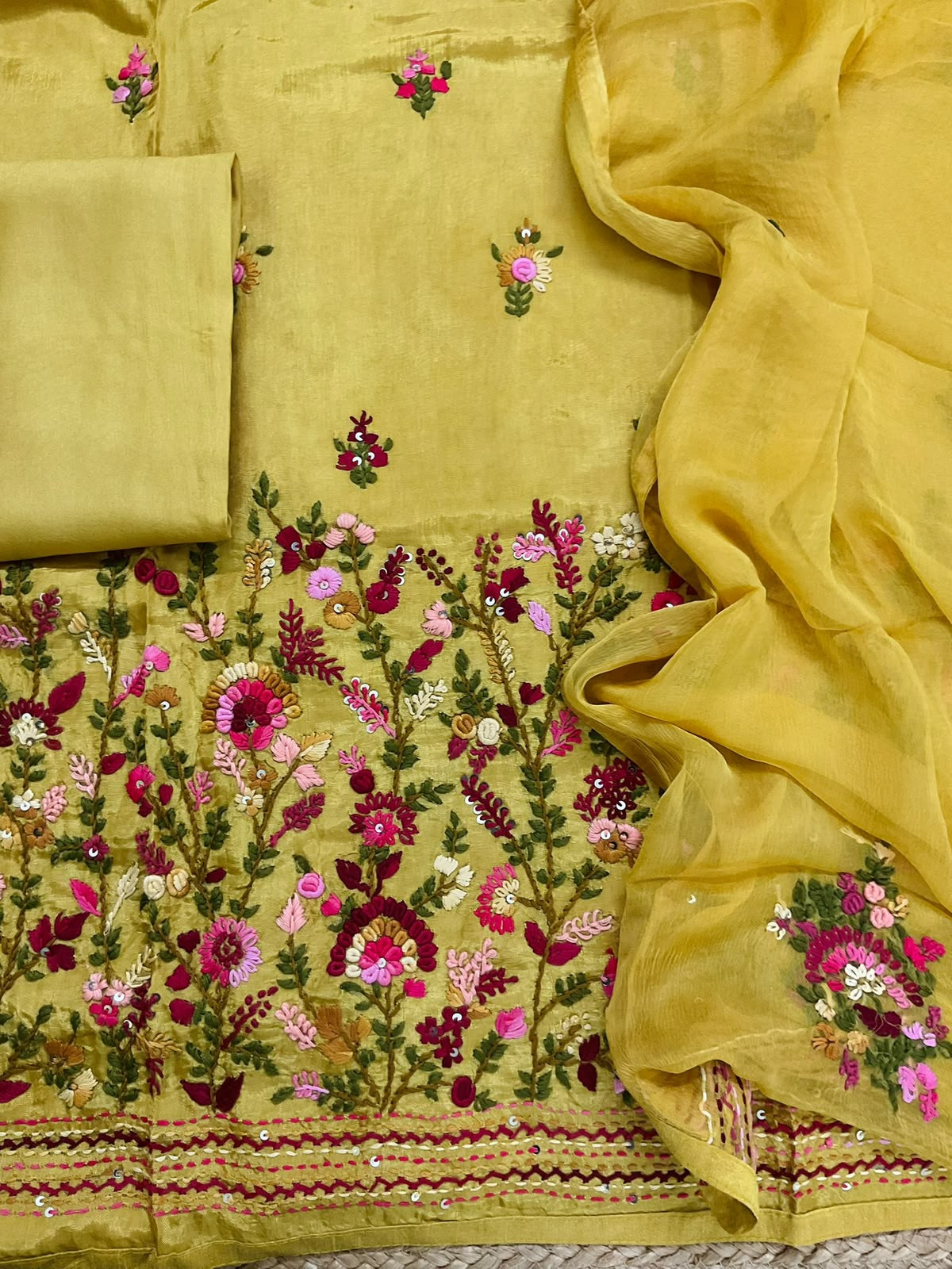Soft Dola Silk Embroidered Suit - Yellow