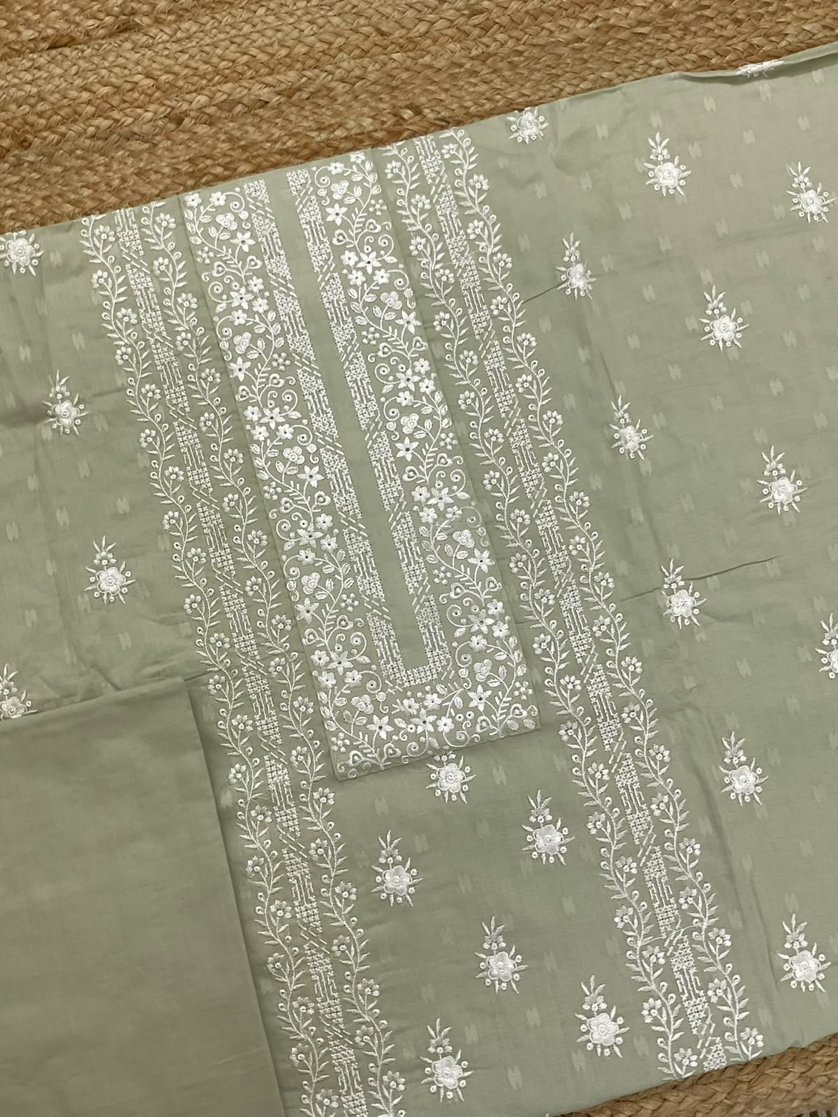 Pure Cotton Self Weaved Embroidered Suit - Green