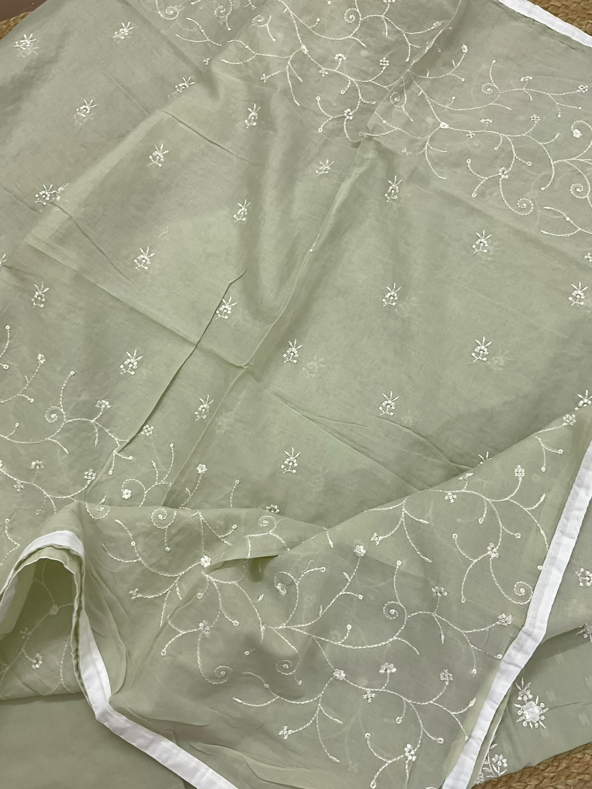 Pure Cotton Self Weaved Embroidered Suit - Green