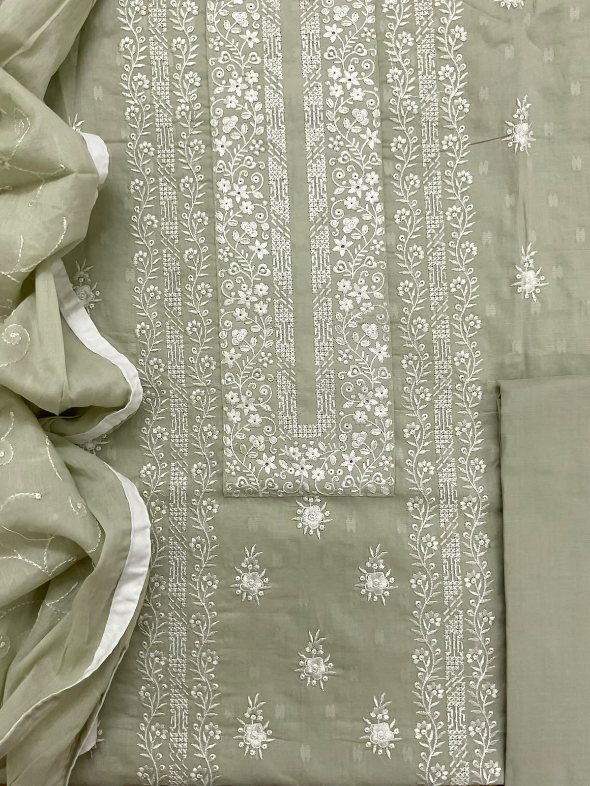 Pure Cotton Self Weaved Embroidered Suit - Green