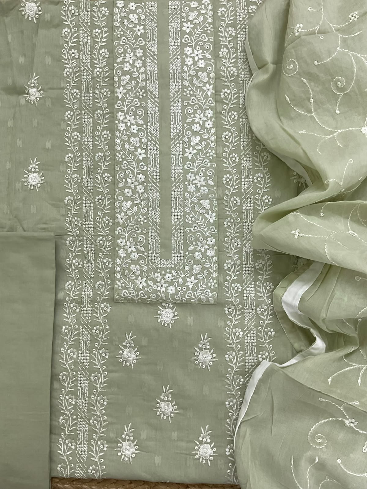 Pure Cotton Self Weaved Embroidered Suit - Green