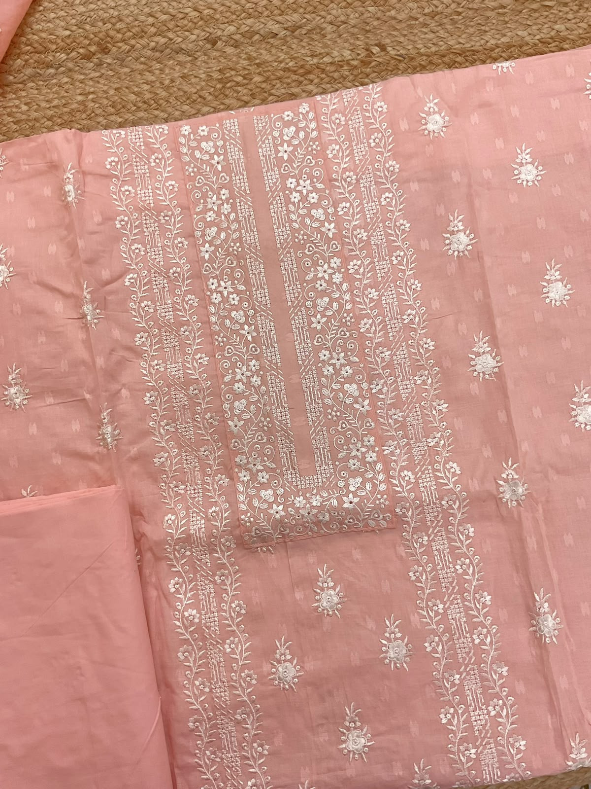 Pure Cotton Self Weaved Embroidered Suit - Peach