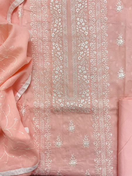 Image of Pure Cotton Self Weaved Embroidered Suit - Peach