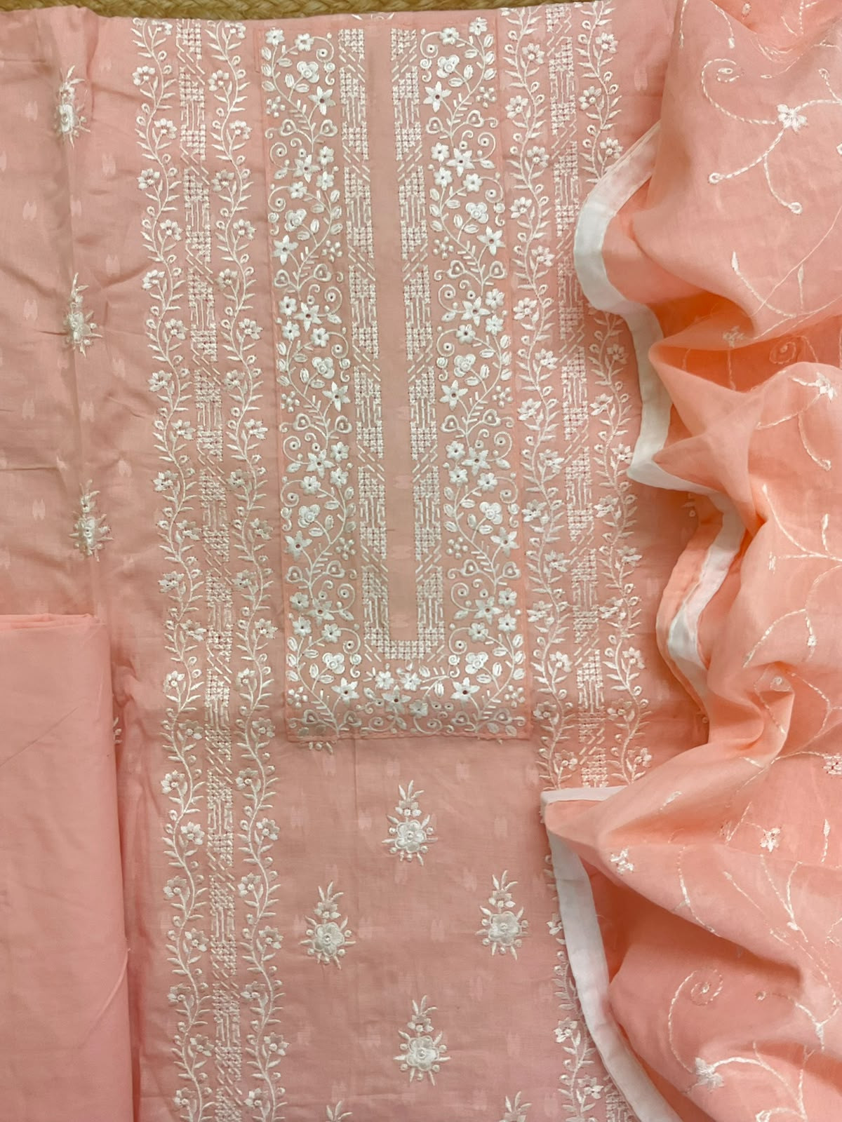 Pure Cotton Self Weaved Embroidered Suit - Peach