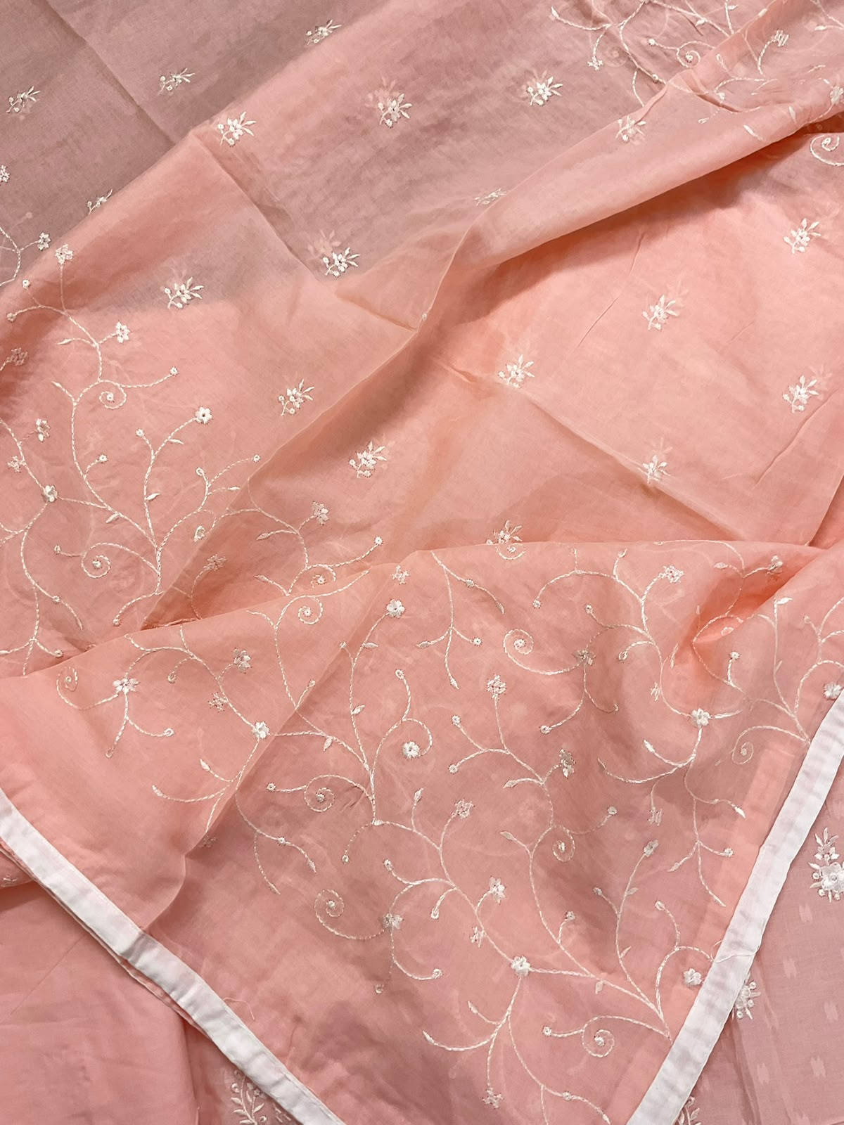 Pure Cotton Self Weaved Embroidered Suit - Peach