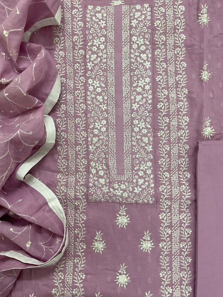 Image of Pure Cotton Self Weaved Embroidered Suit - Purple