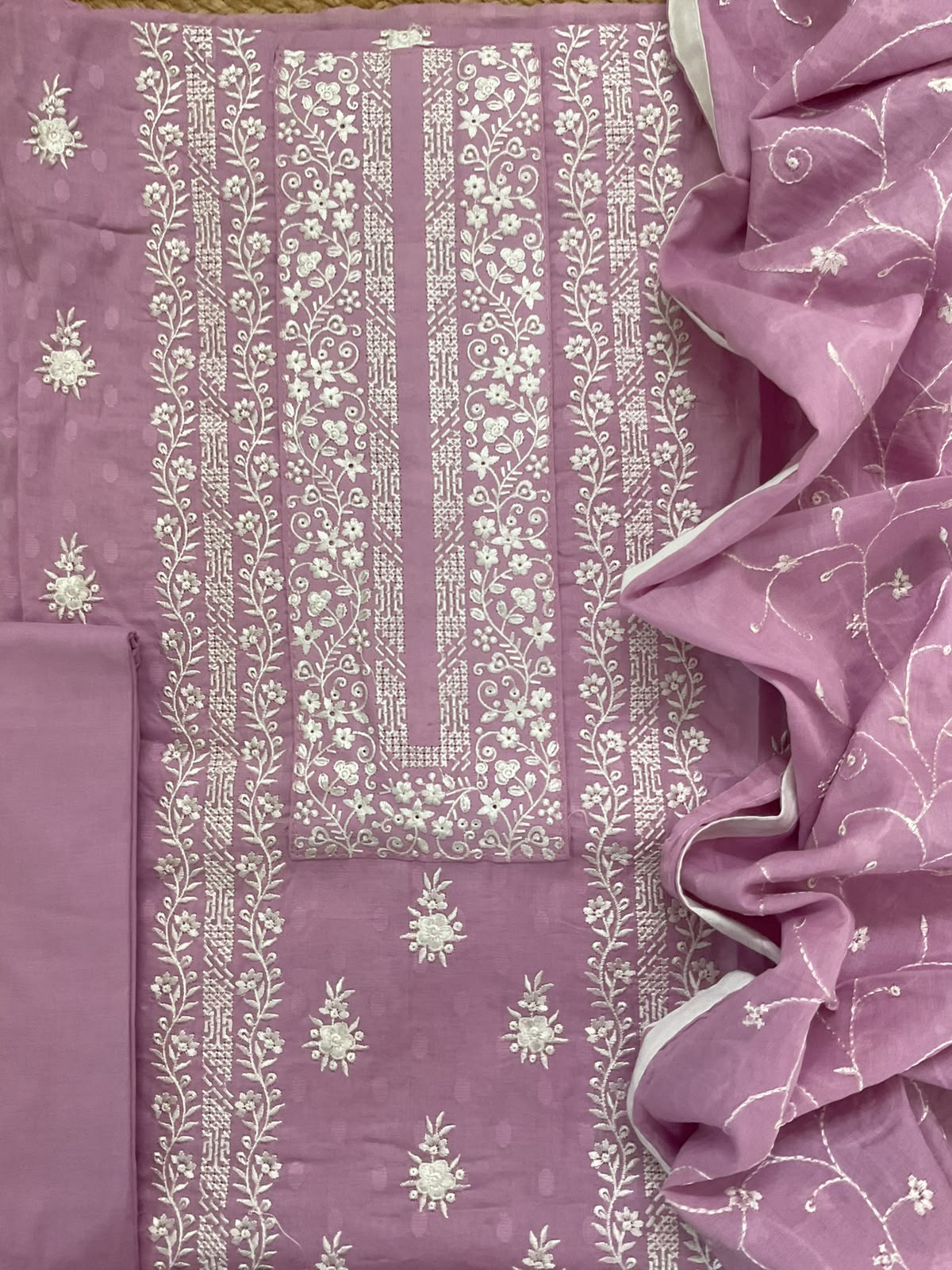 Pure Cotton Self Weaved Embroidered Suit - Purple