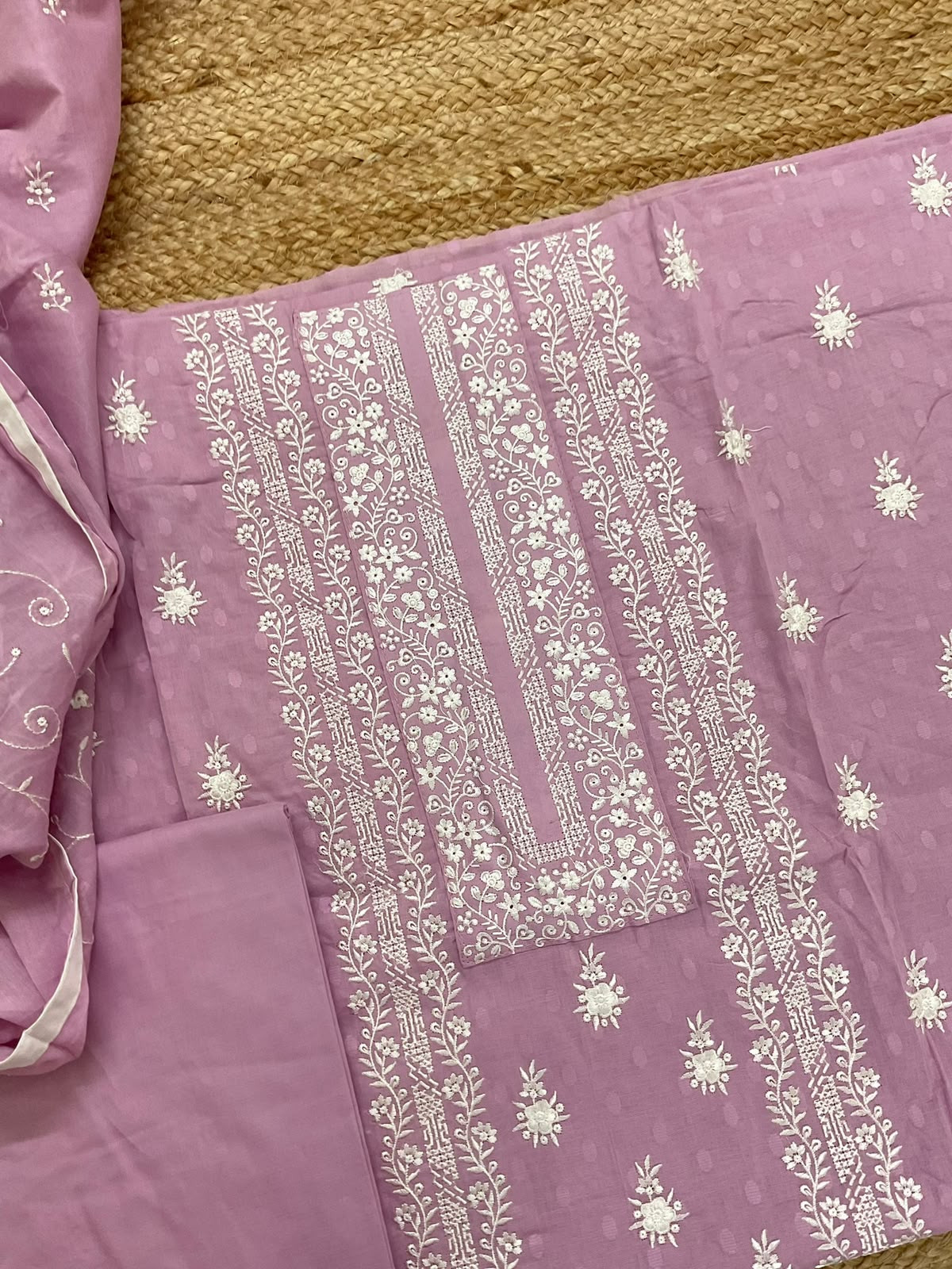 Pure Cotton Self Weaved Embroidered Suit - Purple