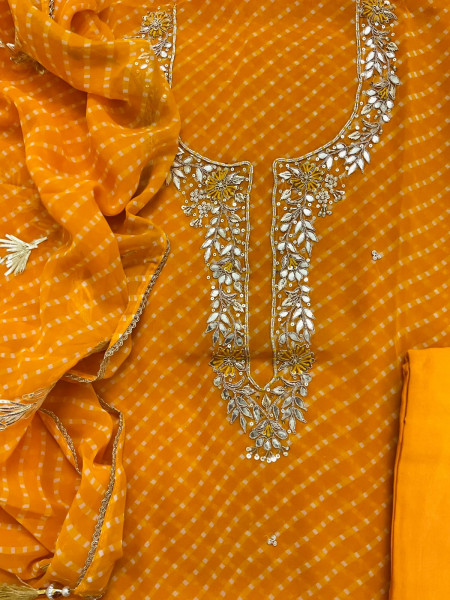 Image of Soft Georgette Printed Embroidered Suit - Yellow