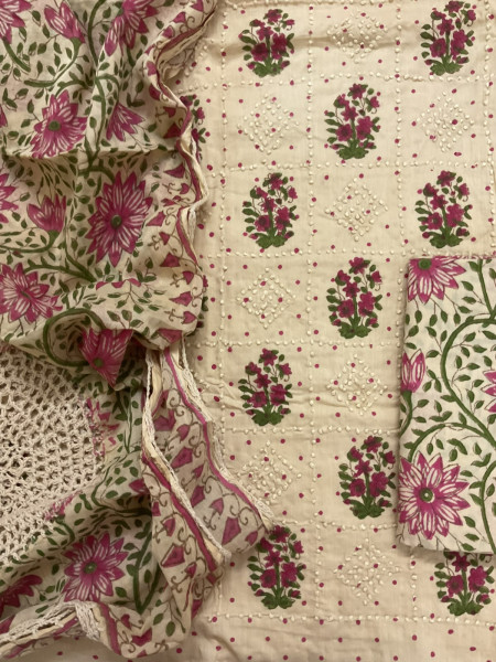 Image of Pure Cotton Printed Embroidered Suit - Beige