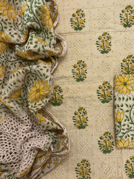 Image of Pure Cotton Printed Embroidered Suit - Beige