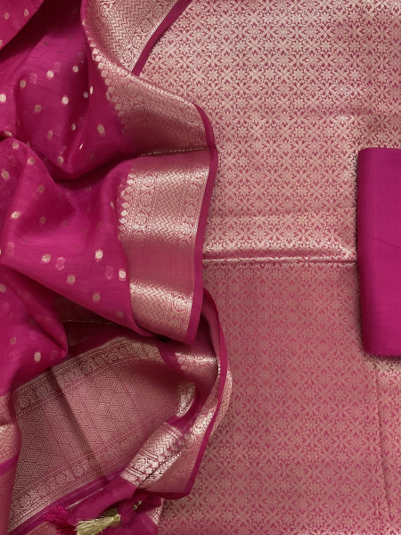 Image of Pure Mul Chanderi Brocade Banarasi Weaved Suit - Pink