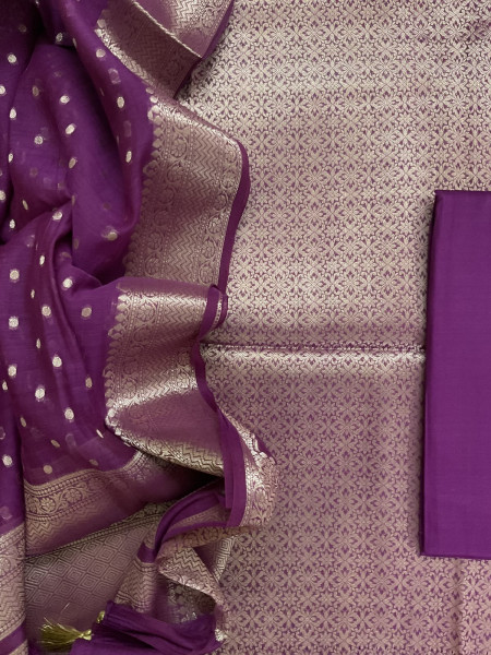 Image of Pure Mul Chanderi Brocade Banarasi Weaved Suit - Violet