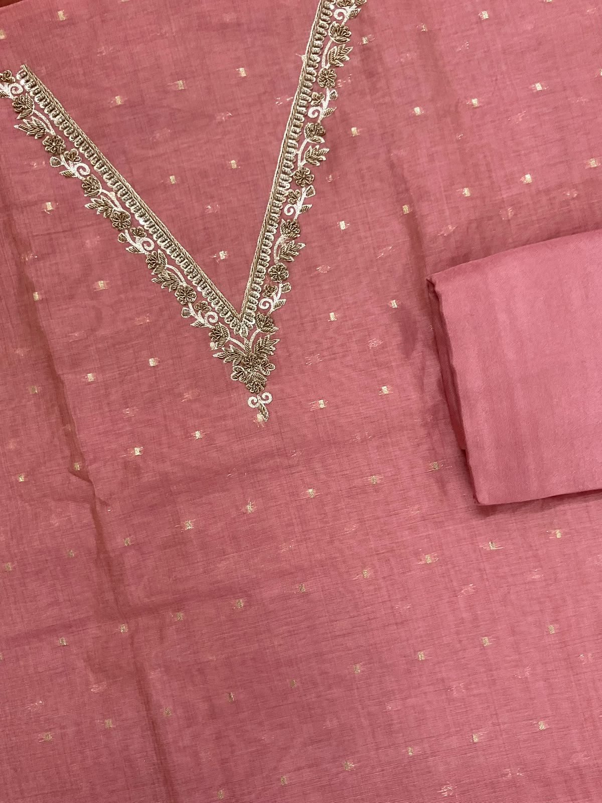 Soft Slub Chanderi Banarasi Weaved Embroidered Suit - Pink