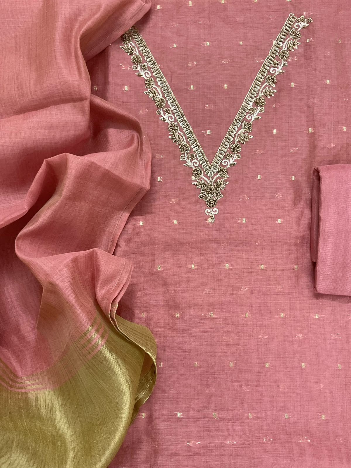 Soft Slub Chanderi Banarasi Weaved Embroidered Suit - Pink