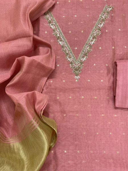 Image of Soft Slub Chanderi Banarasi Weaved Embroidered Suit - Pink