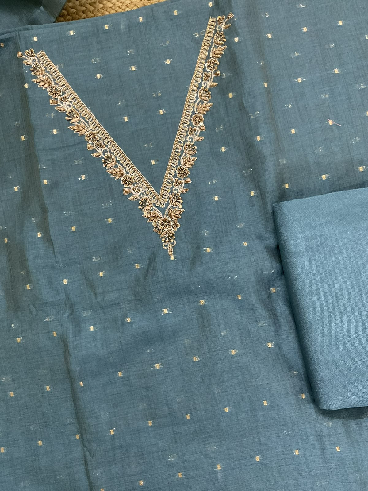 Soft Slub Chanderi Banarasi Weaved Embroidered Suit - Blue