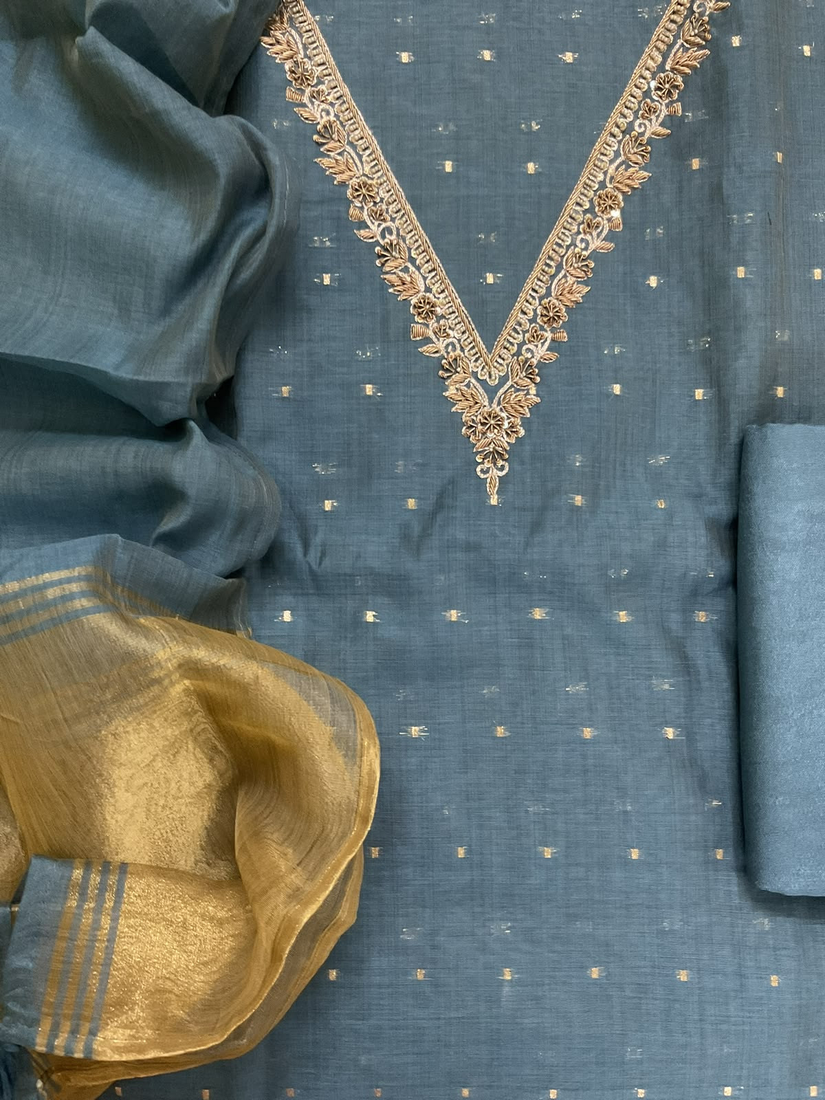 Soft Slub Chanderi Banarasi Weaved Embroidered Suit - Blue