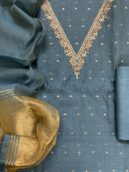 Image of Soft Slub Chanderi Banarasi Weaved Embroidered Suit - Blue