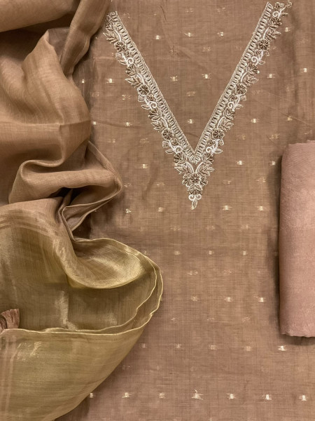 Image of Soft Slub Chanderi Banarasi Weaved Embroidered Suit - Brown