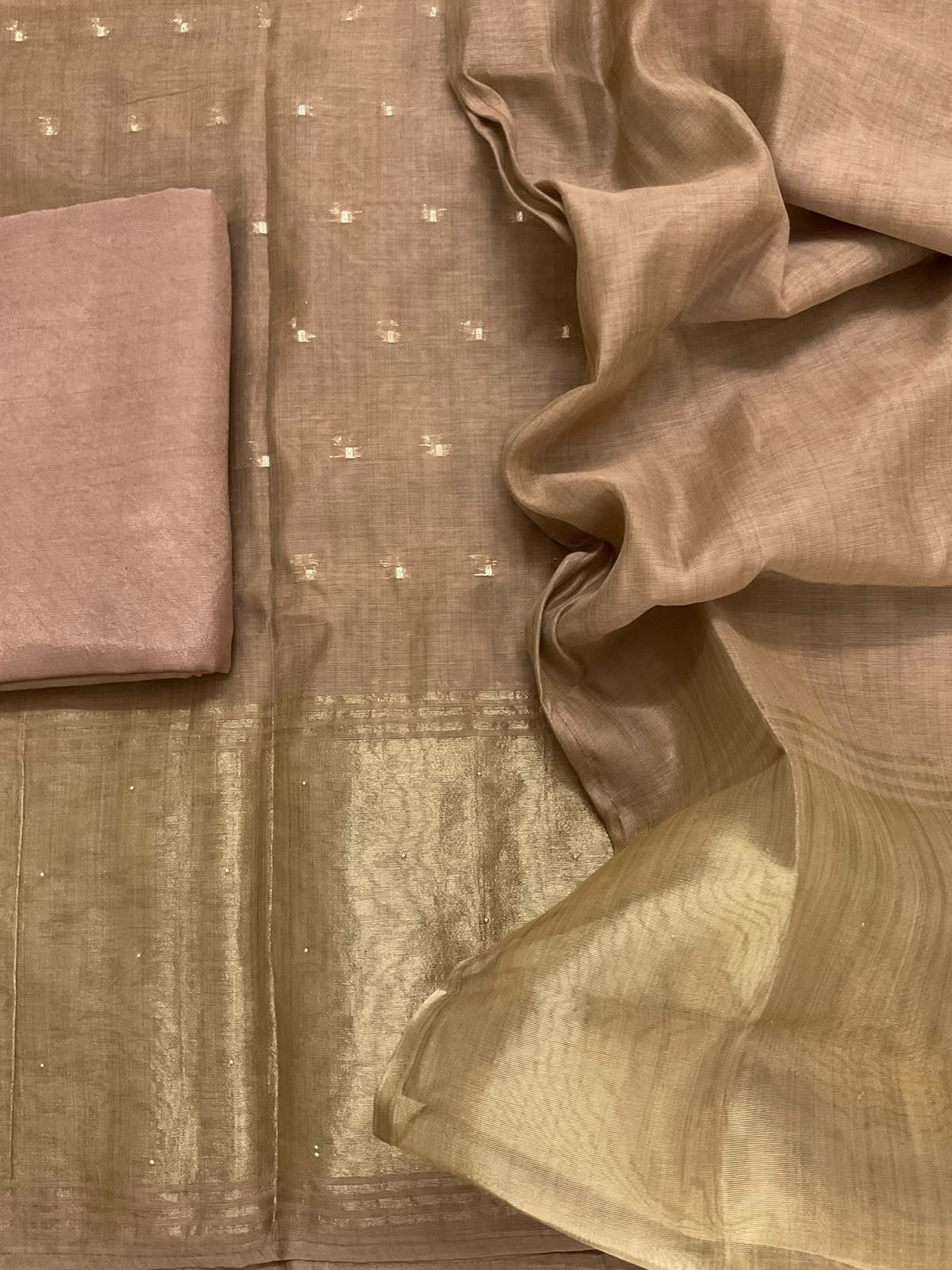 Soft Slub Chanderi Banarasi Weaved Embroidered Suit - Brown