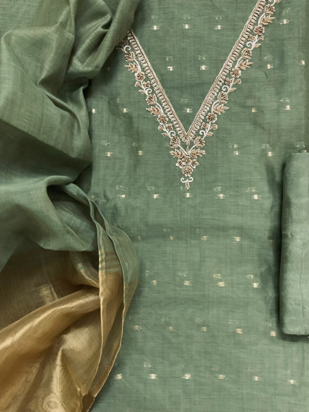 Image of Soft Slub Chanderi Banarasi Weaved Embroidered Suit - Green