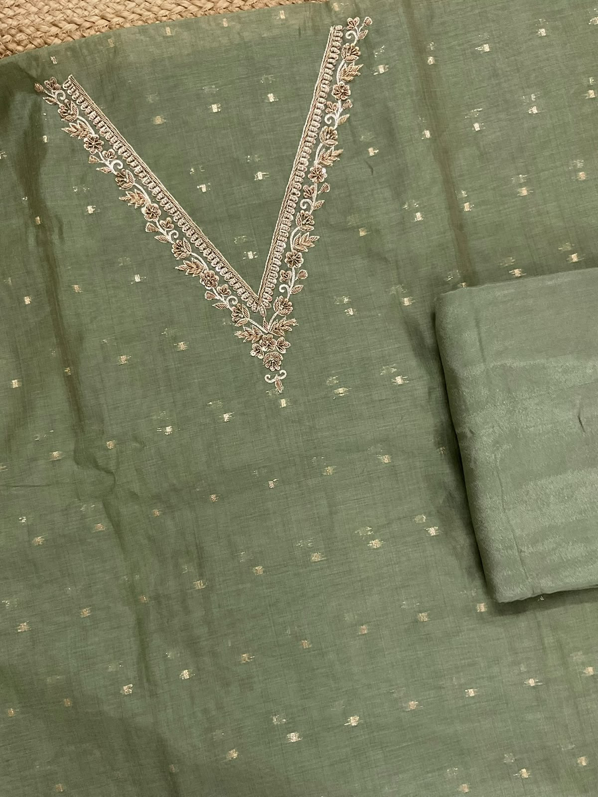 Soft Slub Chanderi Banarasi Weaved Embroidered Suit - Green