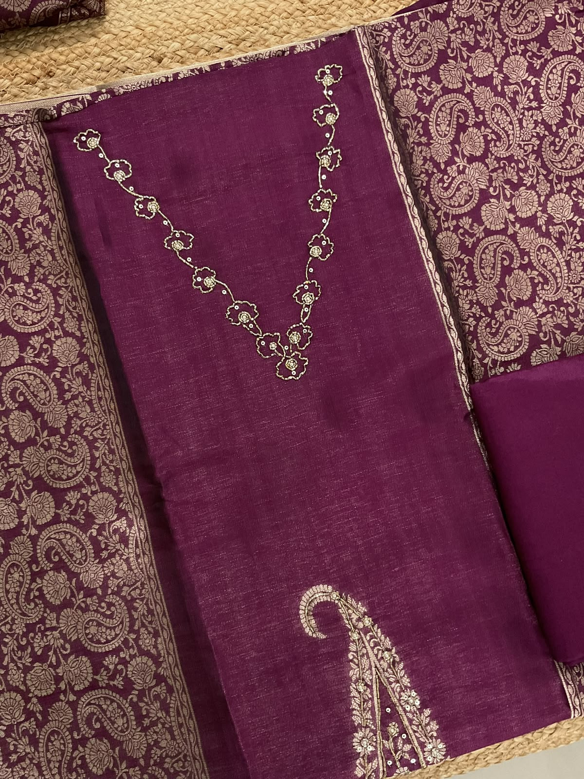 Soft Cotton Silk Banarasi Weaved Embroidered Suit - Wine