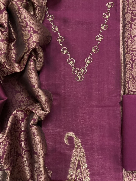 Image of Soft Cotton Silk Banarasi Weaved Embroidered Suit - Wine