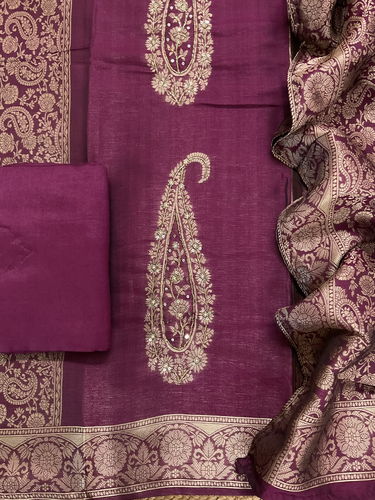 Soft Cotton Silk Banarasi Weaved Embroidered Suit - Wine