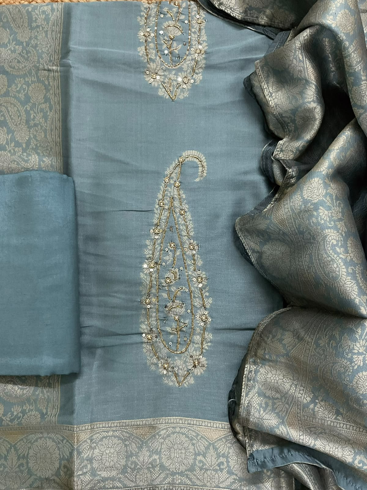 Soft Cotton Silk Banarasi Weaved Embroidered Suit - Grey