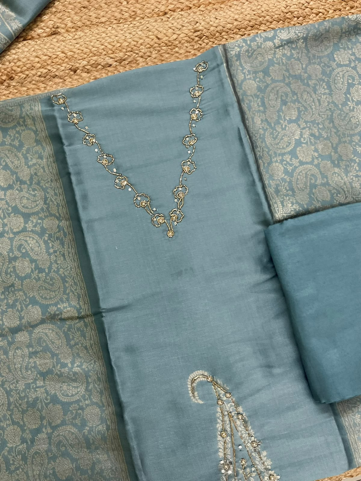 Soft Cotton Silk Banarasi Weaved Embroidered Suit - Grey