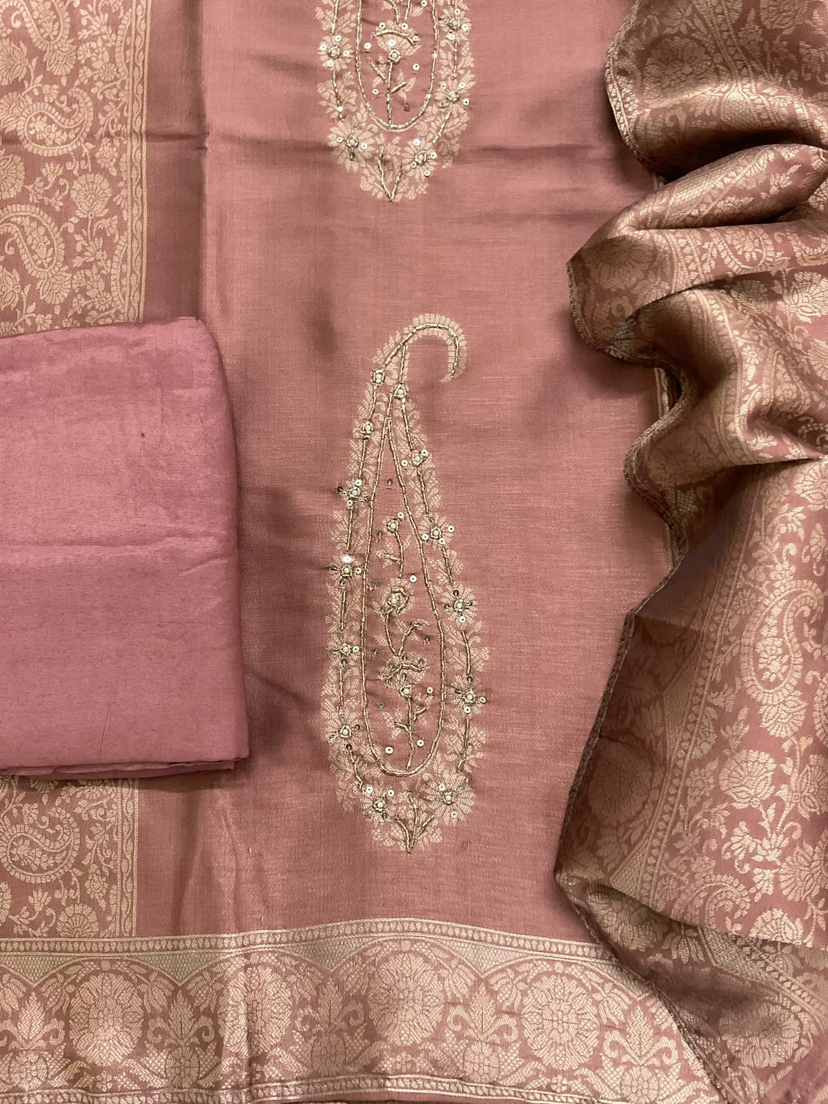 Soft Cotton Silk Banarasi Weaved Embroidered Suit - Peach