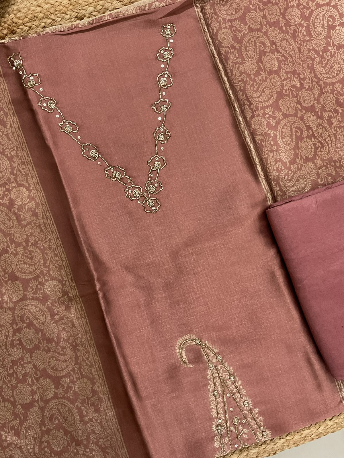 Soft Cotton Silk Banarasi Weaved Embroidered Suit - Peach