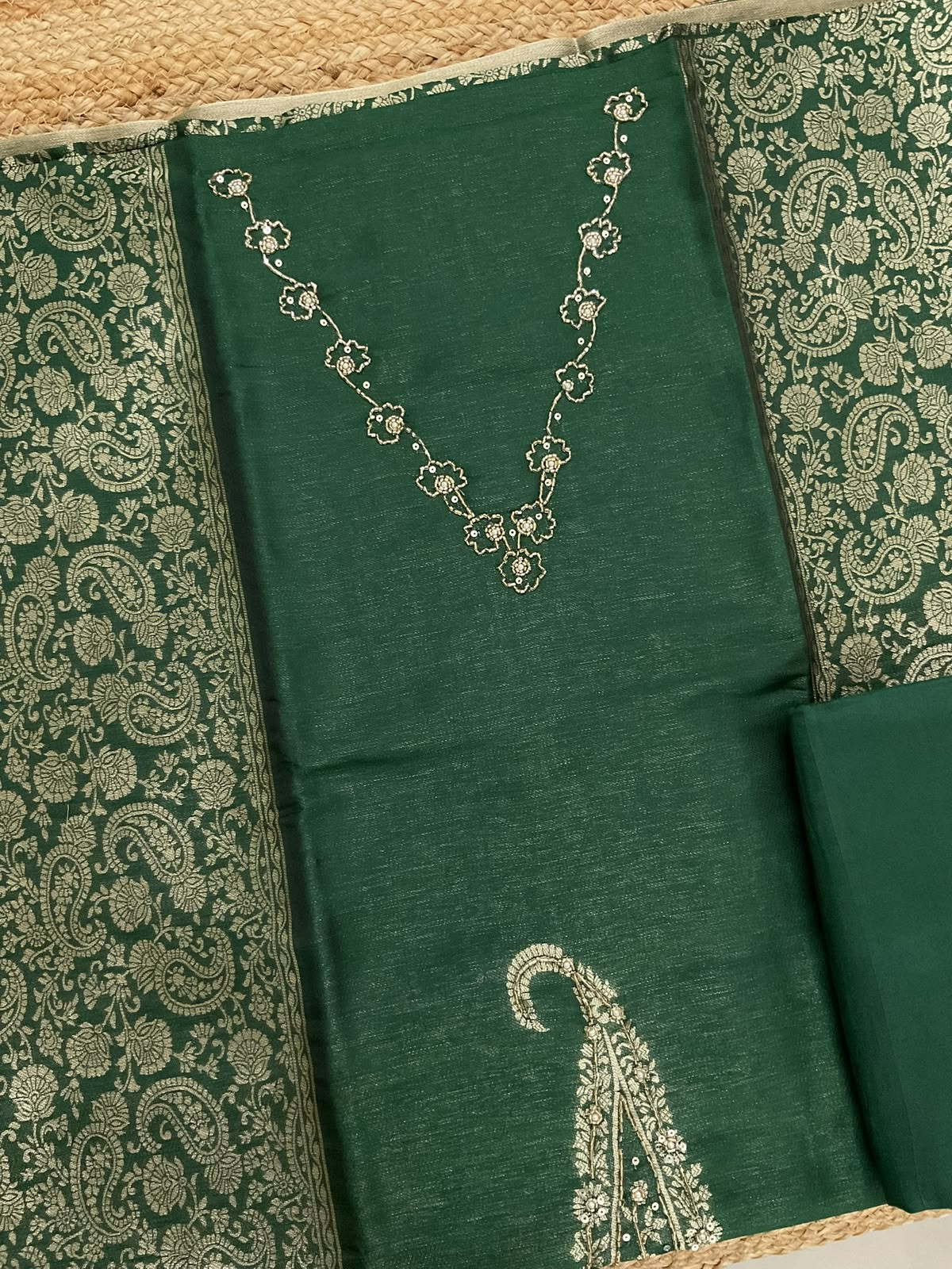 Soft Cotton Silk Banarasi Weaved Embroidered Suit - Green