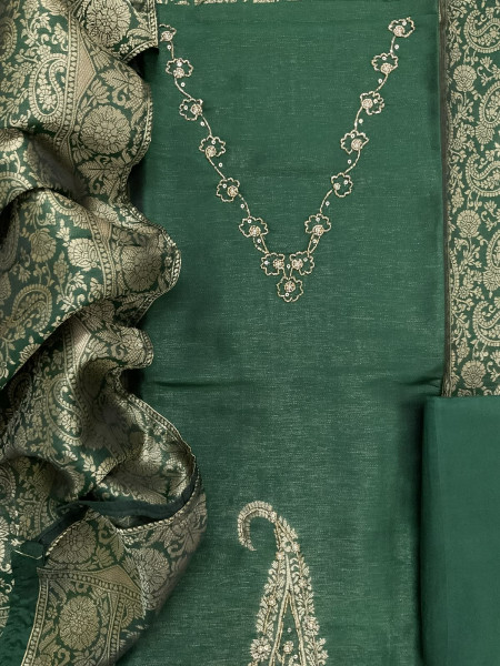 Image of Soft Cotton Silk Banarasi Weaved Embroidered Suit - Green