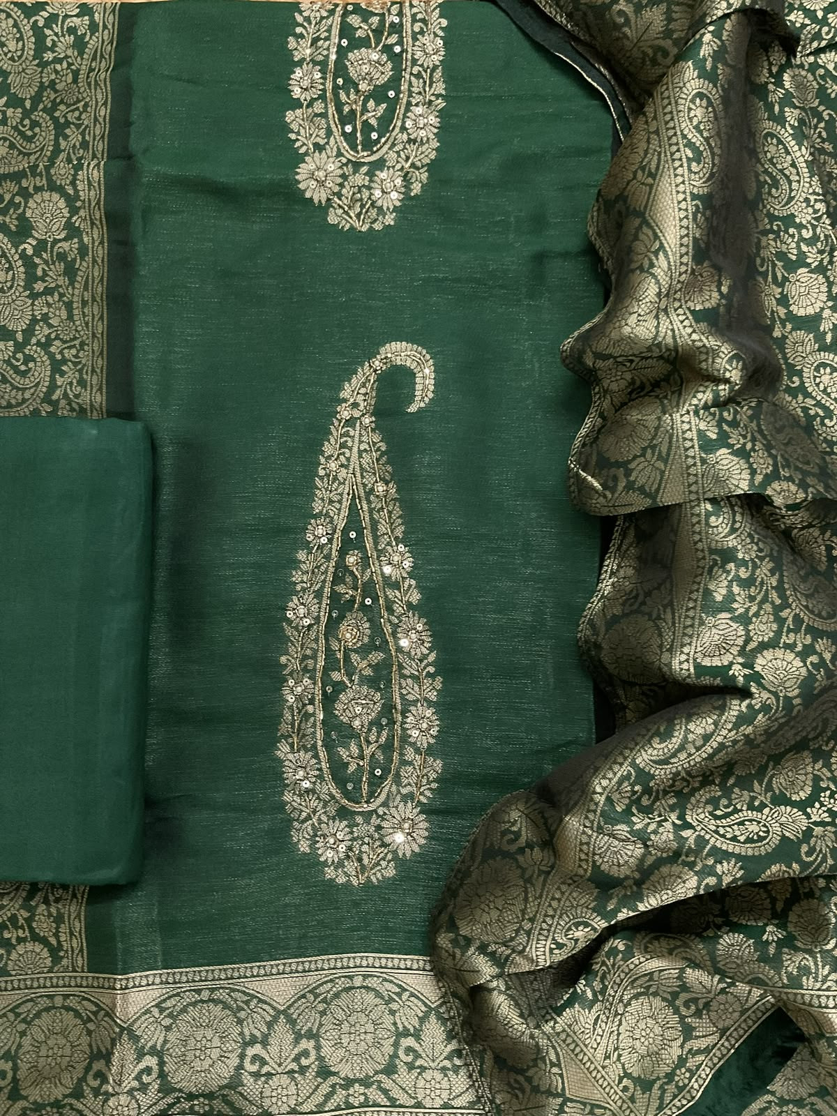 Soft Cotton Silk Banarasi Weaved Embroidered Suit - Green