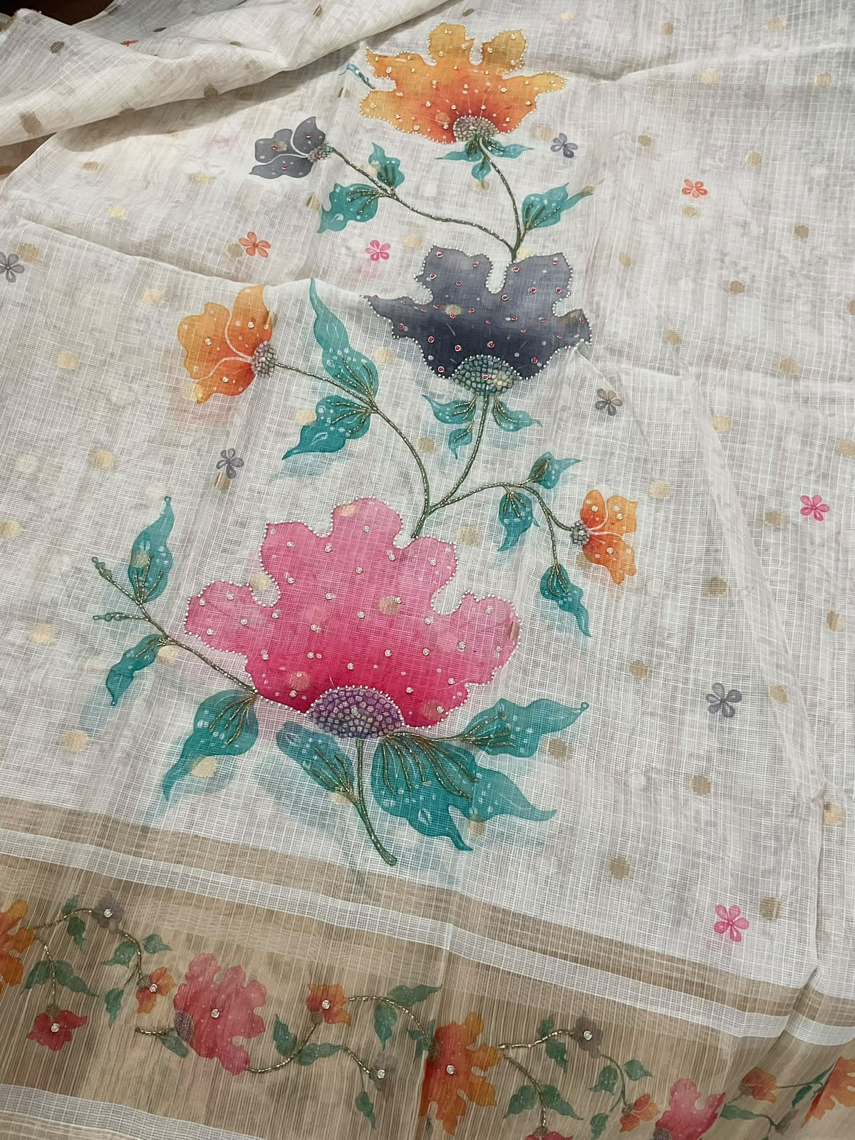 Soft Kota Silk Printed Embroidered Banarasi Weaved Suit - Off White