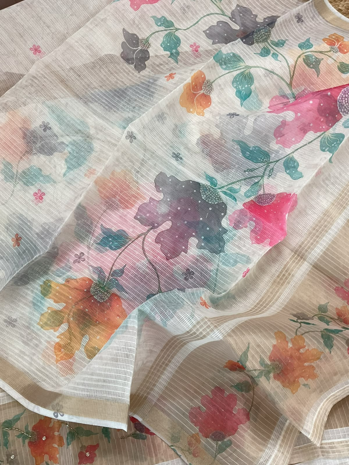 Soft Kota Silk Printed Embroidered Banarasi Weaved Suit - Off White