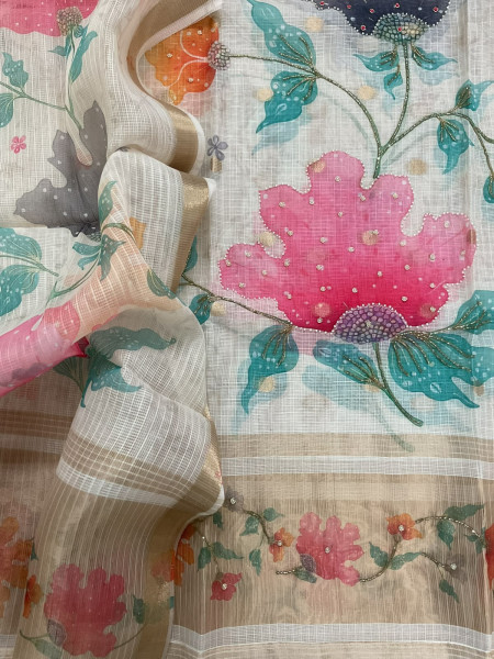 Image of Soft Kota Silk Printed Embroidered Banarasi Weaved Suit - Off White