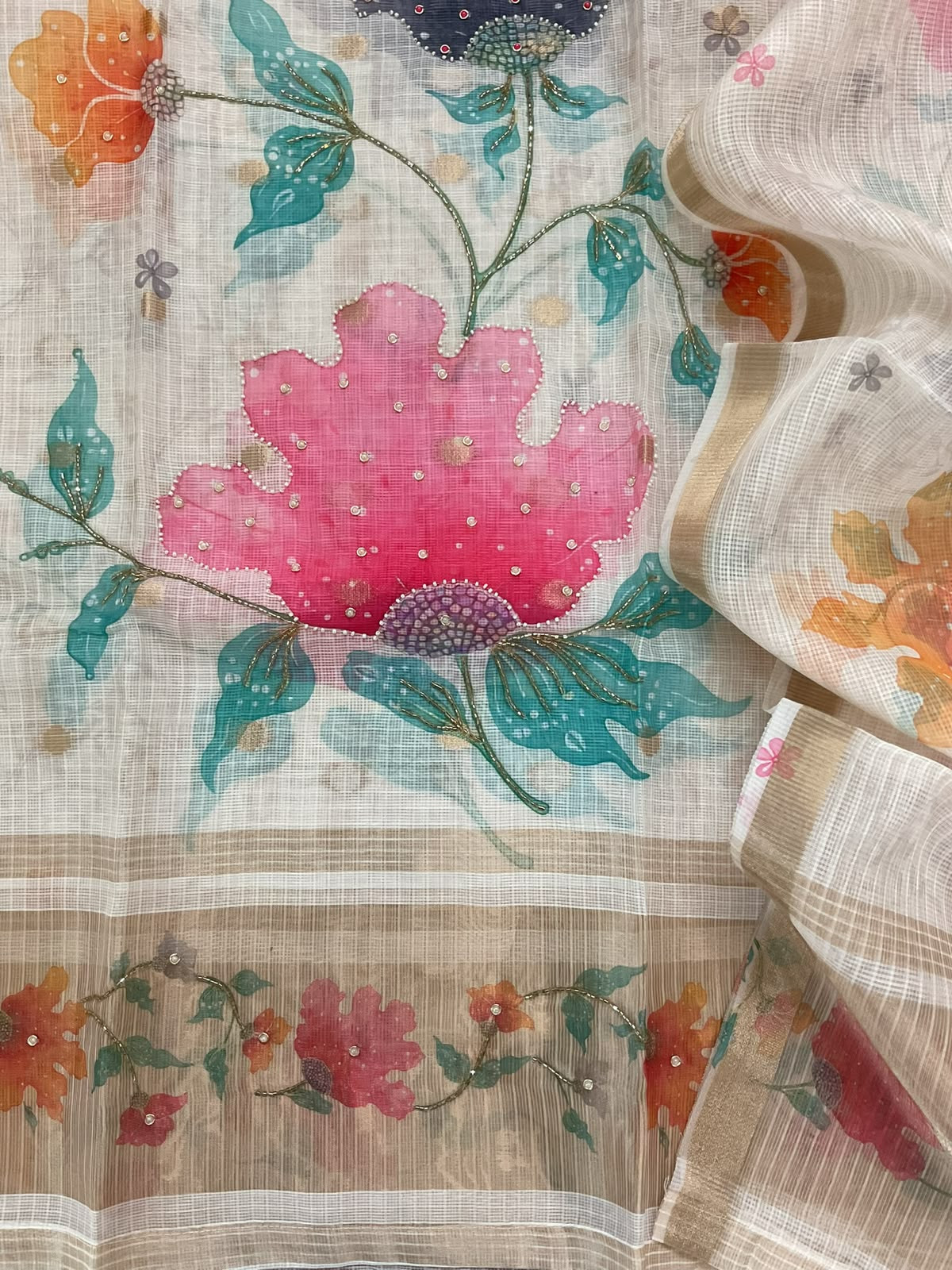 Soft Kota Silk Printed Embroidered Banarasi Weaved Suit - Off White
