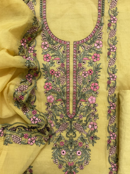 Image of Soft Chanderi Embroidered Suit - Yellow