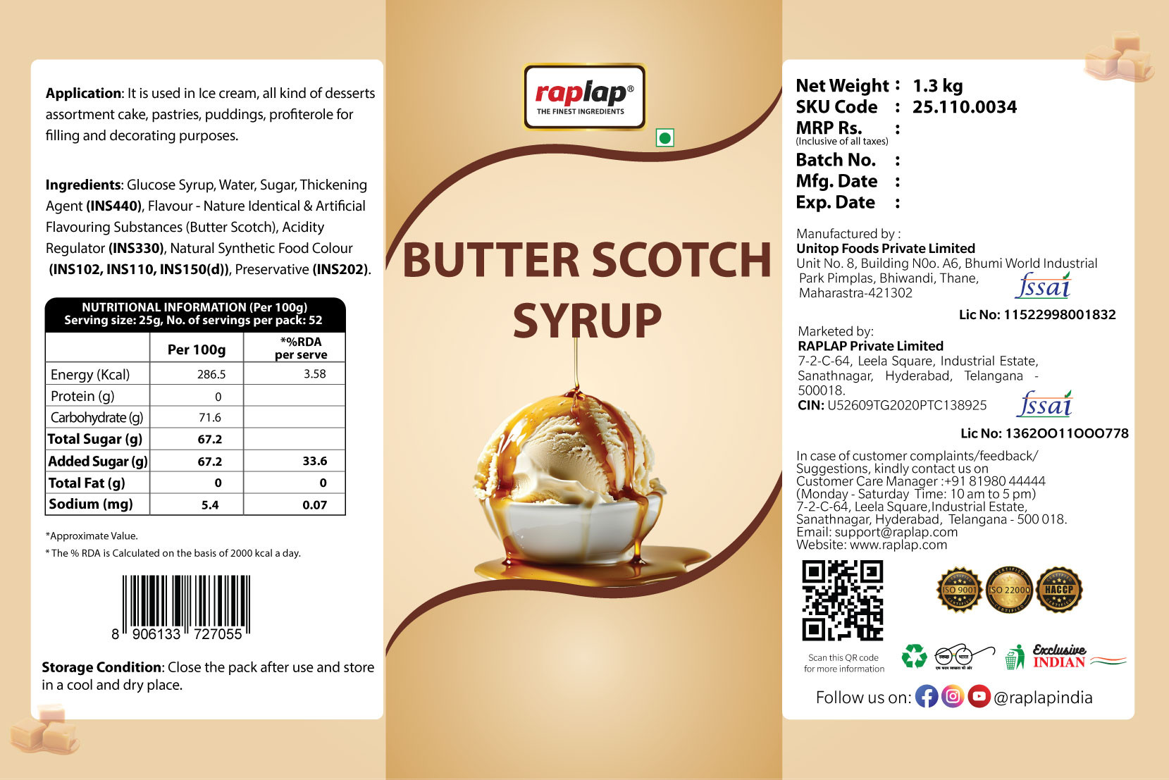 Raplap BV Butterscotch Syrup 13Kg