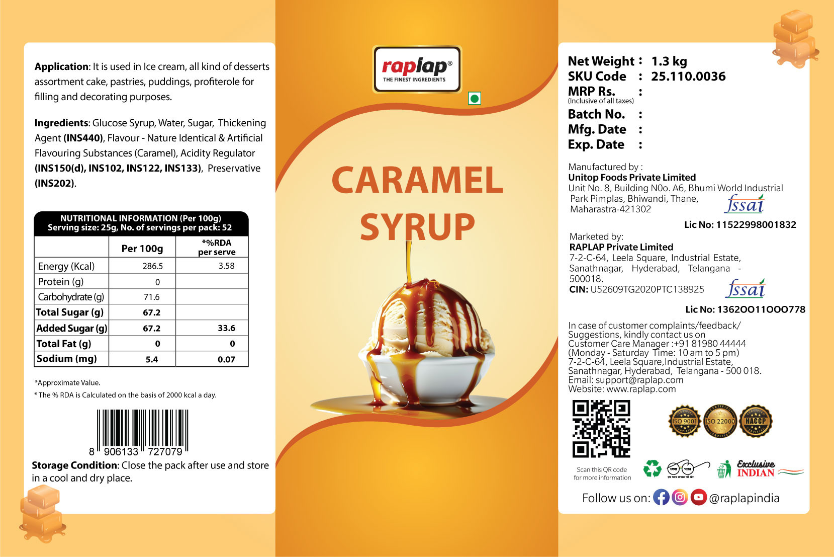 Raplap BV Caramel Syrup 13Kg